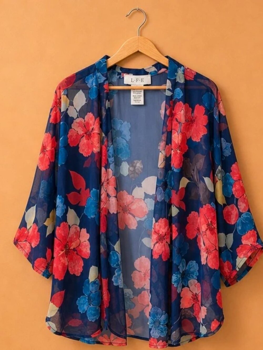 Sheer Floral Kimono Cardigan Navy Red Blue | Lightweight Layering Size Large